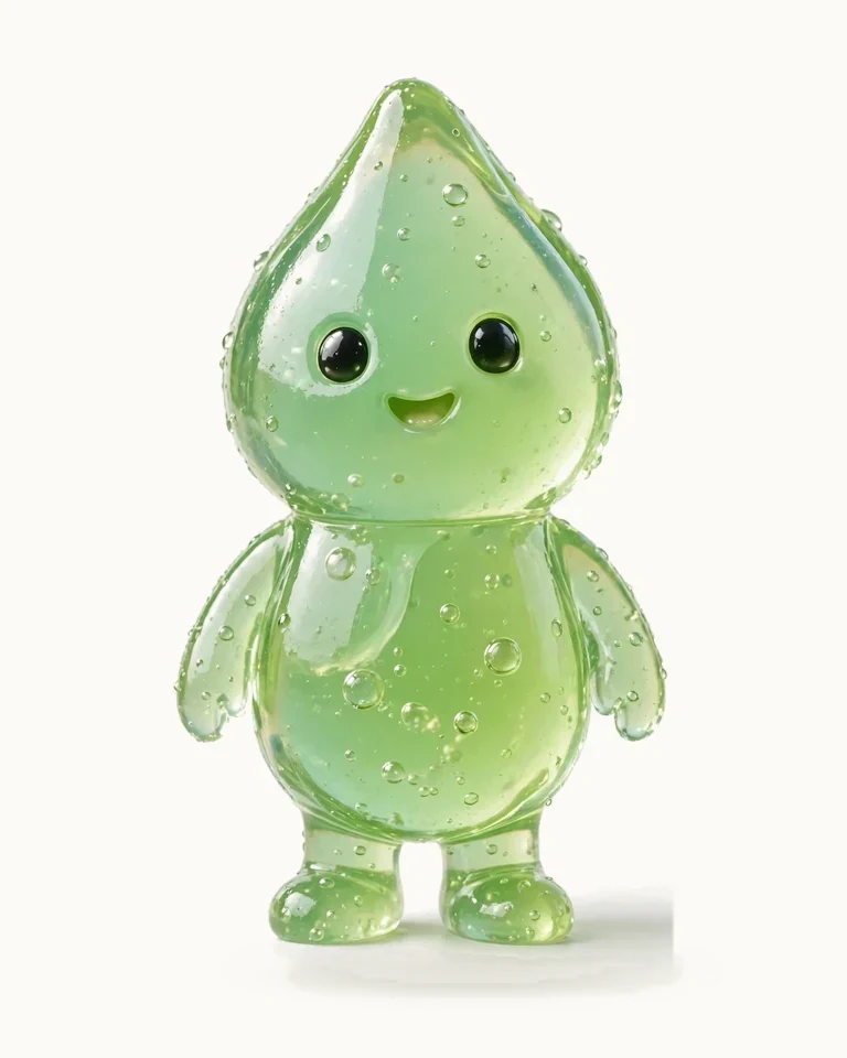 Bloop, a translucent green jelly drop with bubbles inside