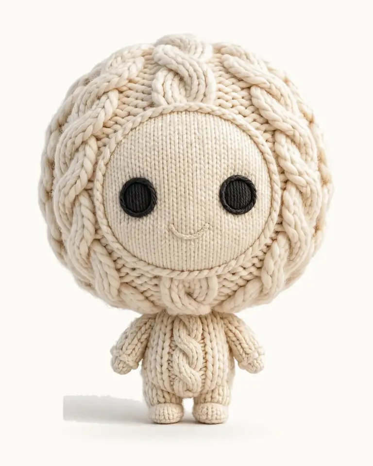 The Knit, a doll with an oversized cable-knit head
